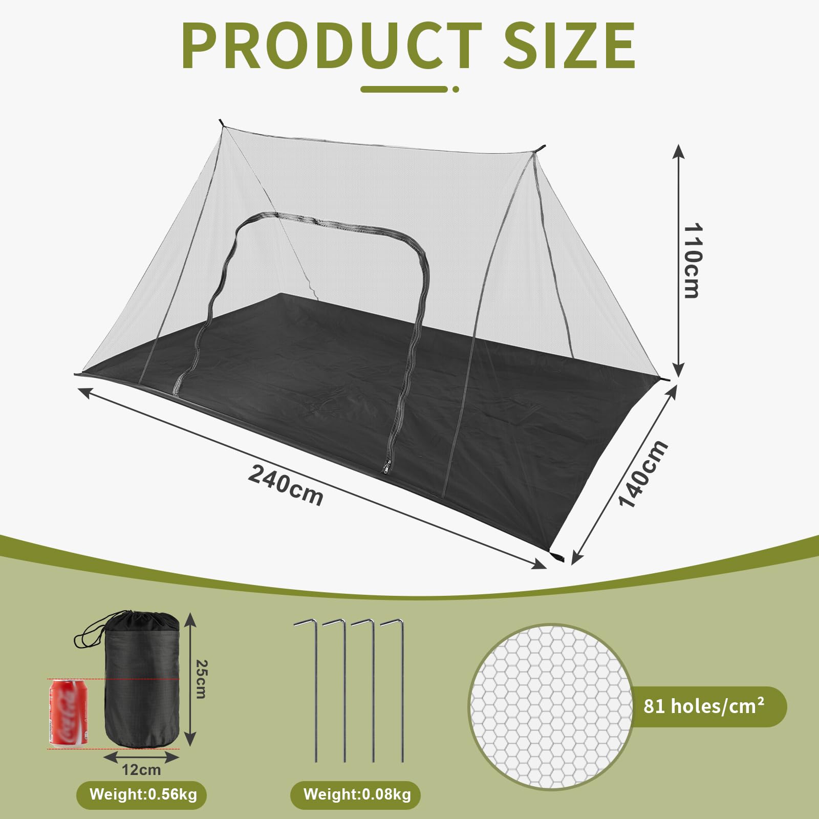 EFUTURETIME Groß Moskitonetz Camping, 240x140x110cm, Mückennetz Outdoor, Leicht Moskitonetz Reise, Moskitozelt mit Reißverschluss für Tour, Wanderung, Satteldach-Schwarz