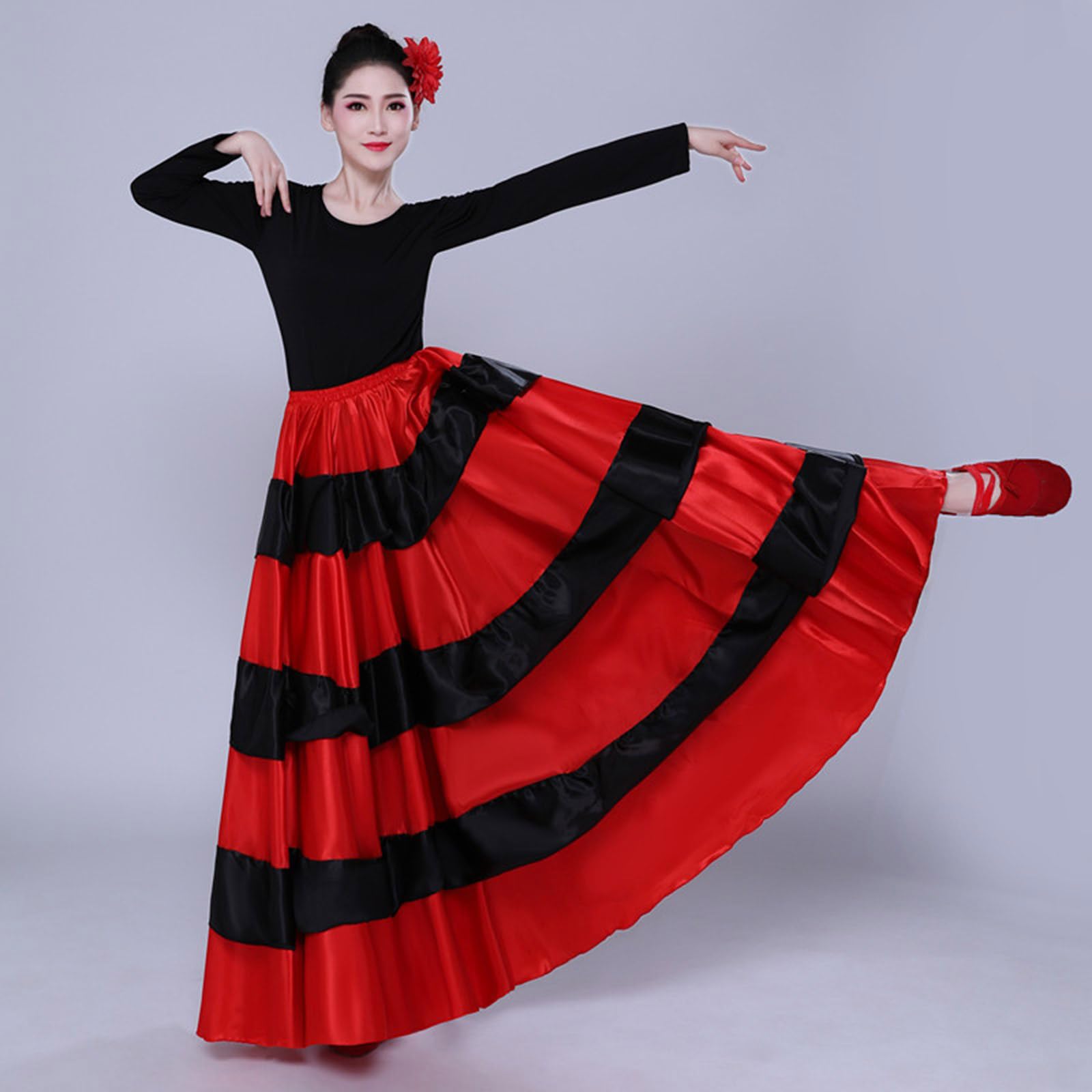 Damska czarna czerwona warstwowa długa spódnica do hiszpańskiego flamenco Meksyk Balet Folklorico spódnica do tańca brzucha długa spódnica flamenco hiszpański taniec duża huśtawka kostium na Halloween