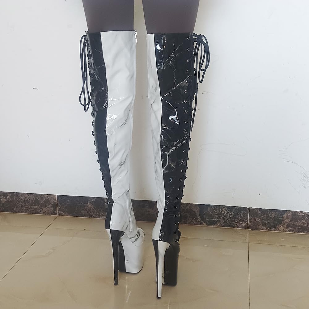 denova's Women's Patent 7.9in Very High Heel Lace Up Platform Pole Dance Over-The-Knee Thigh High Boot with Zipper: 10 Black-white Patent 6