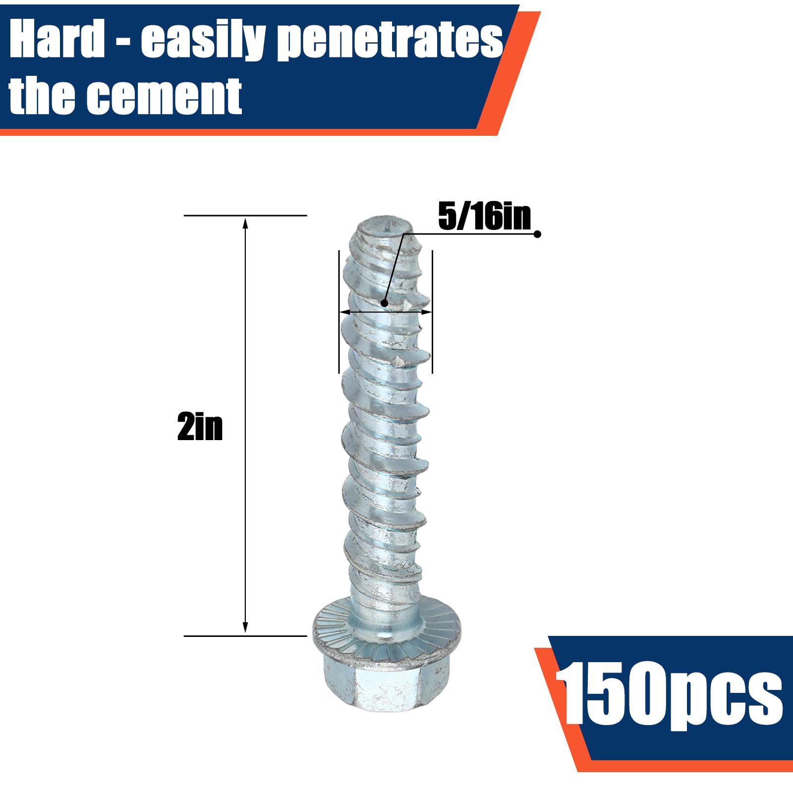 Tandefio Paquete de 150 tornillos de hormigón galvanizados de 0.3 x 2 pulgadas, tornillos de anclaje de gran diámetro, tornillos de anclaje para hormigón, tornillo de mampostería para anclaje a