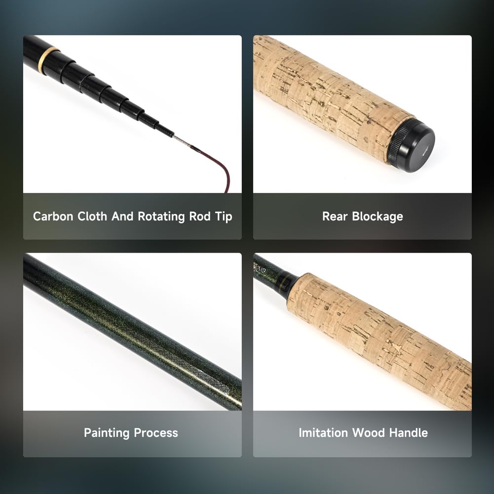 Canne à pêche à la mouche Tenkara en carbone de 44 à 350 cm avec poignée en imitation bois, perche portable pour petits poissons de montagne, noir