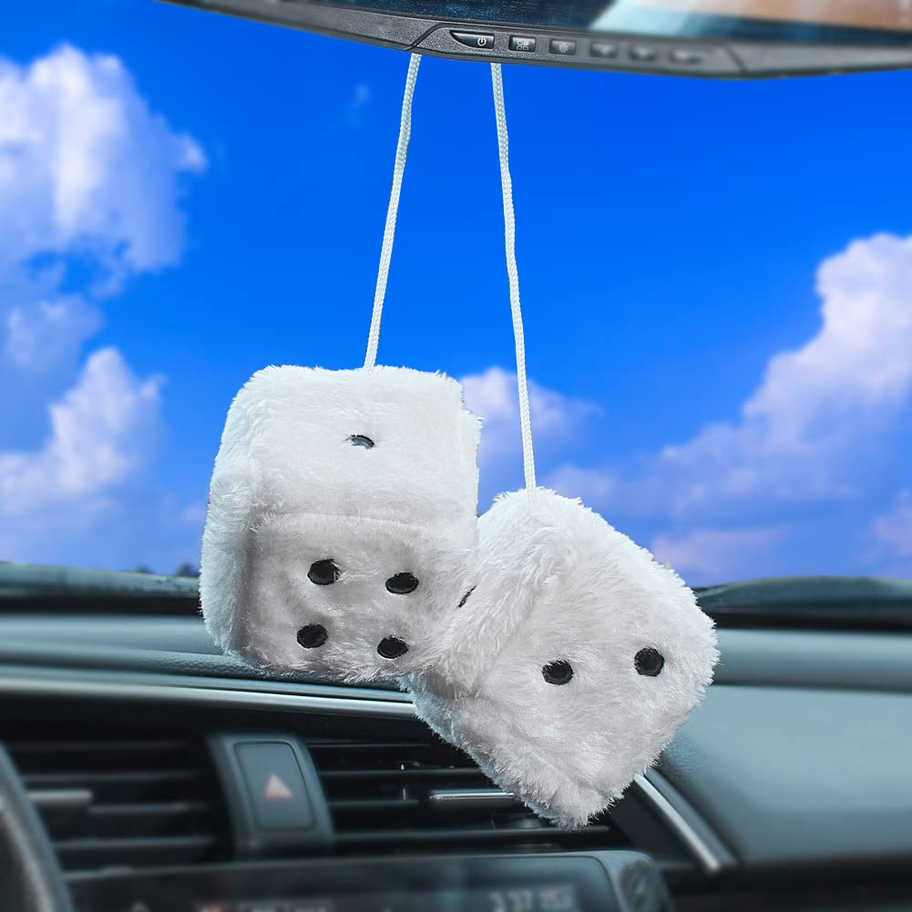 JSCARLIFE 1 Pair of Retro Square Mirror Hanging, Couple 2.95” Fuzzy Plush Dice with Dots Mirror Fuzzy Dices for Car Interior Ornament Decoration (White)