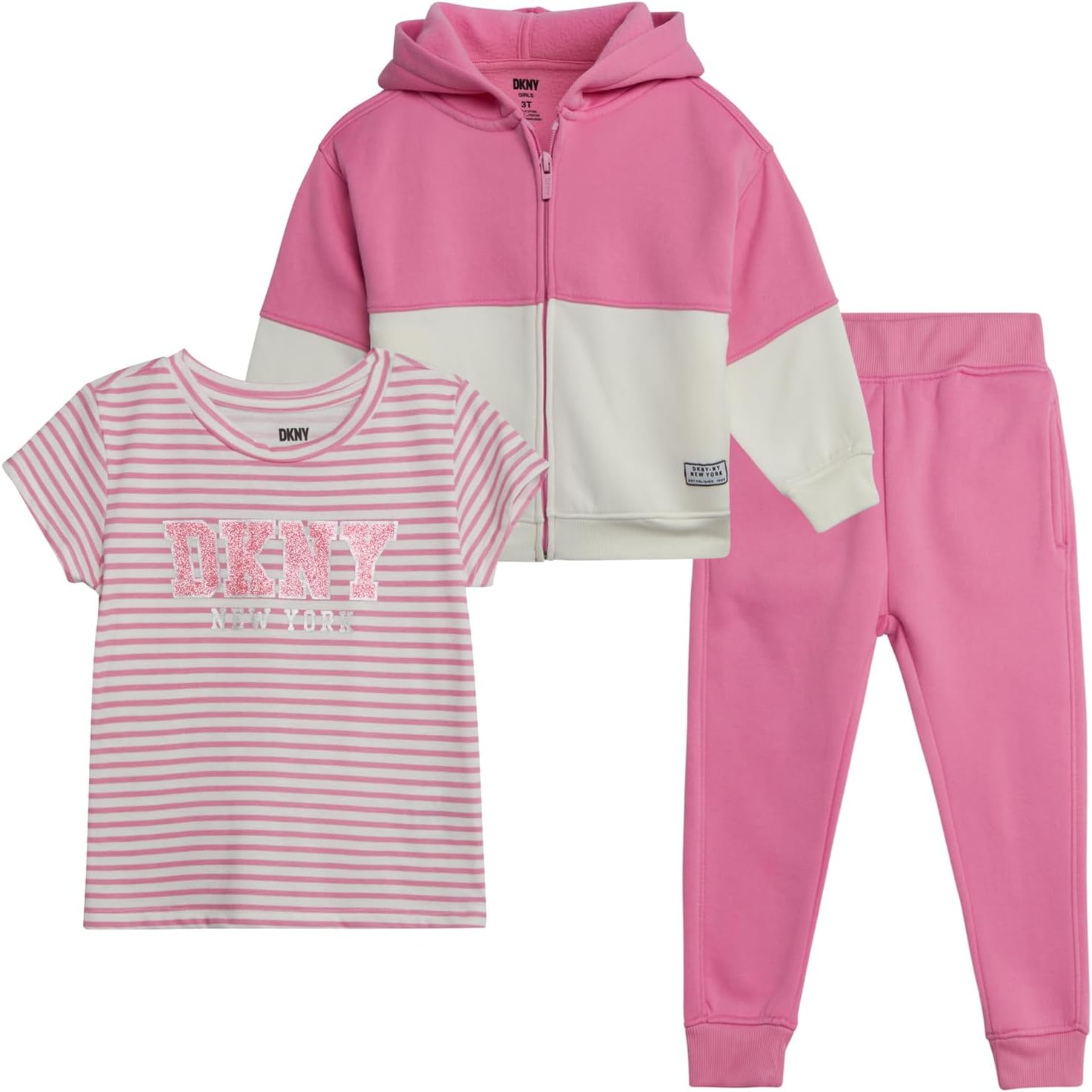 DKNY Toddler Girls Pants Set - 3 Piece Girls Sweatsuit Set with Fleece Zip Up Hoodie, Jogger Sweatpants & Graphic Tee Shirt