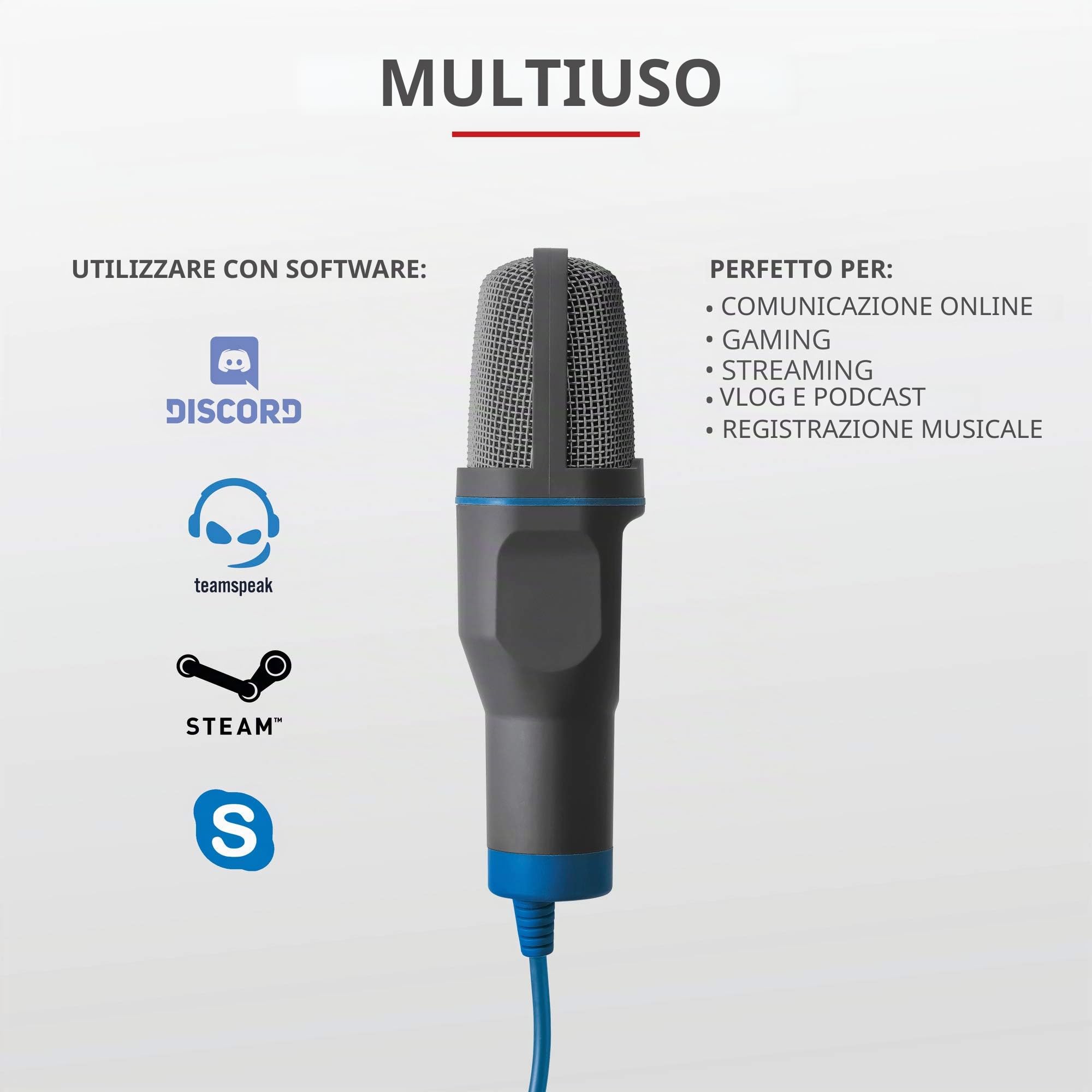 Trust Mico PC Microfono a Condensatore con Supporto, Cavo da 1.80 m, Treppiede, USB Plug & Play, PC/Laptop/Computer, Microfono per Podcasting, Voice, Skype, Teams, Zoom, Twitch, Streaming