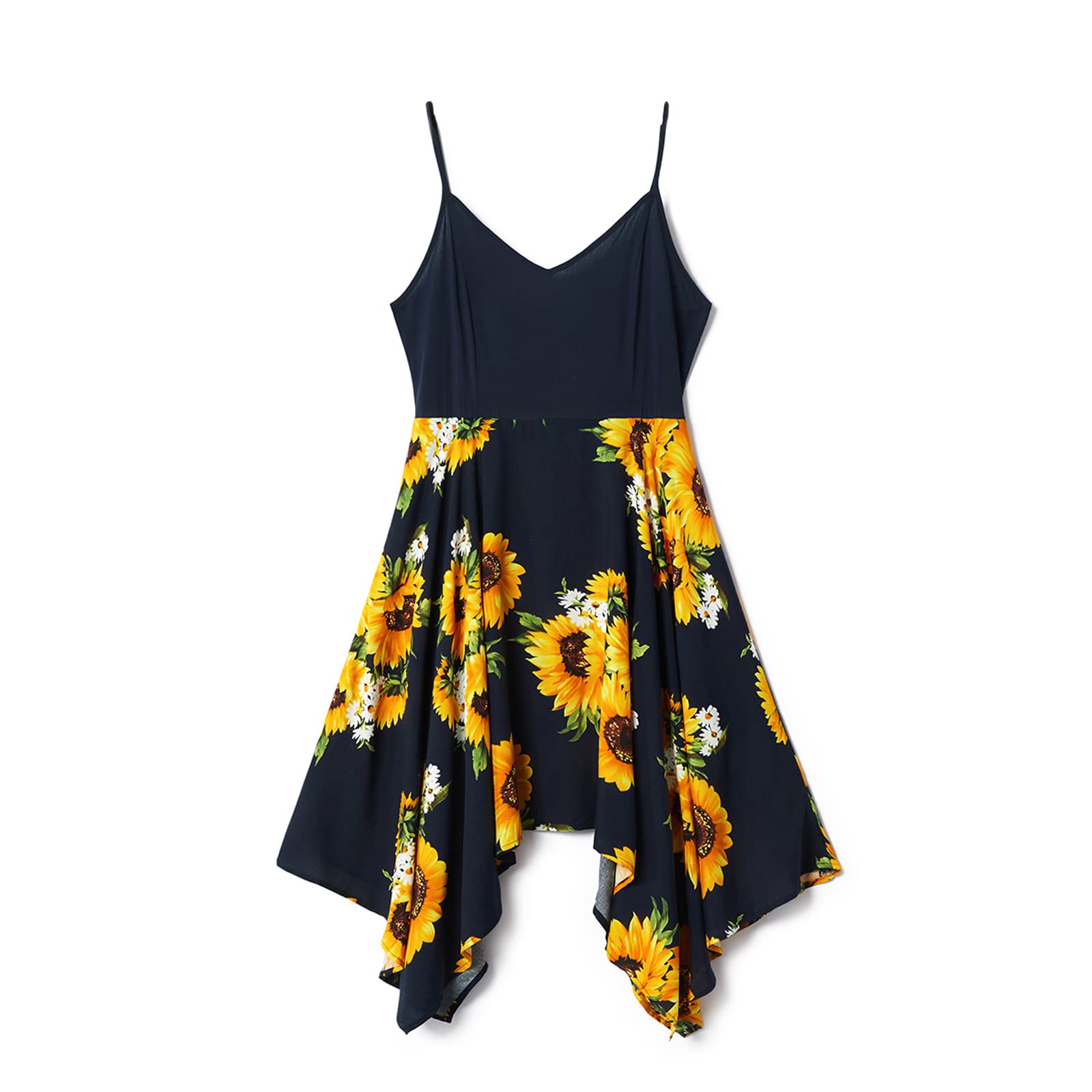 IFFEIWomen Summer Spaghetti Strap Dress V Neck Splicing Sunflower Print Casual Irregular Hem Long Dress for Beach M Black