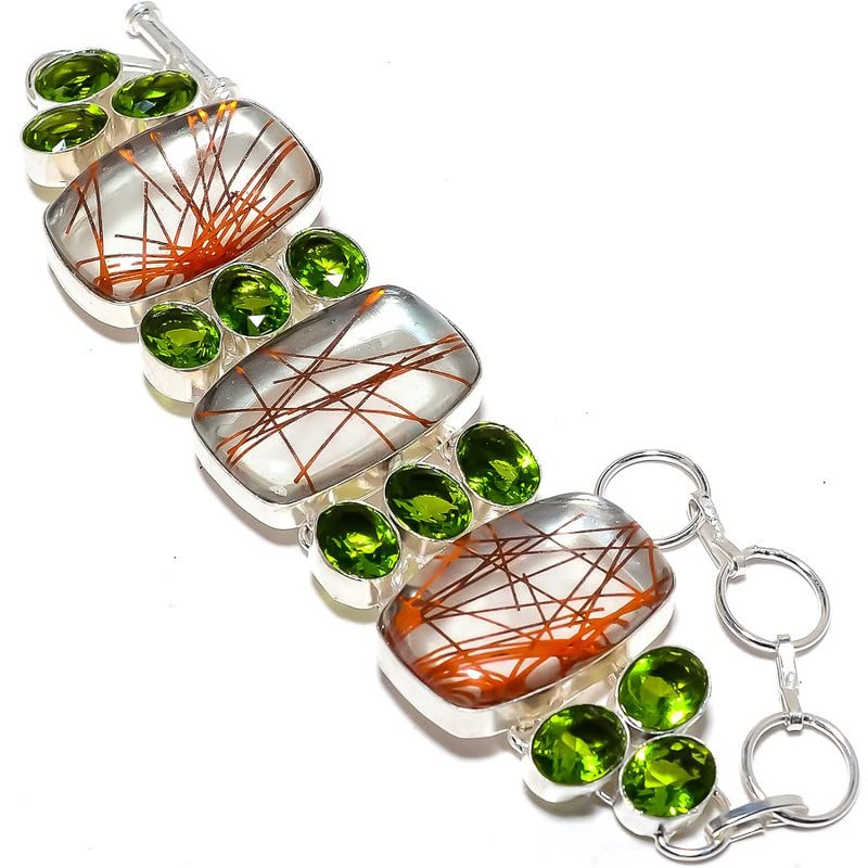 Bracelet multi-pierres en quartz rutile et améthyste verte, bijoux artisanaux en argent