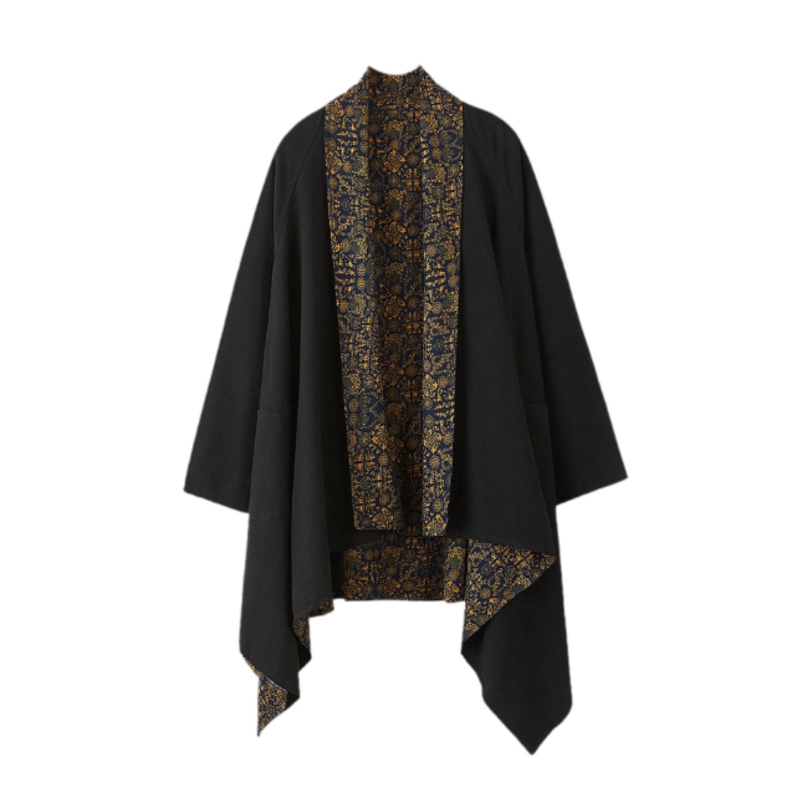 nivaa Men's Cardigan Reversible Ethnic Loose Coat Cotton Linen Drape Cape Overcoat Black-picture-31