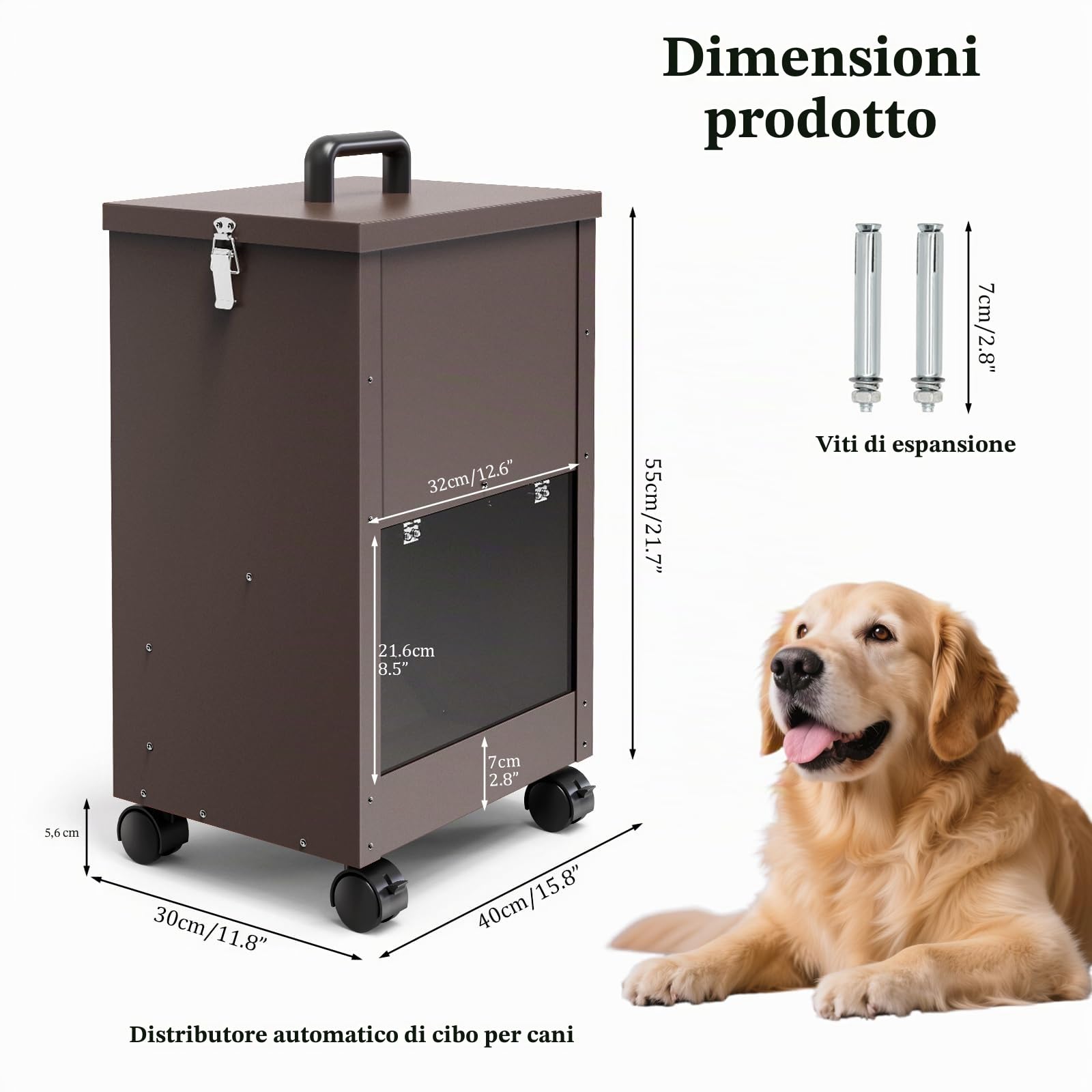 Alimentatore Automatico Per Cani Galvanizzato Per Razze Di Grandi Dimensioni, Distributore Di Cibo Per Cani Da 40L Con Ruote Per Grandi, Alimentatore A Gravità Per Cibo Per Metallico Brun
