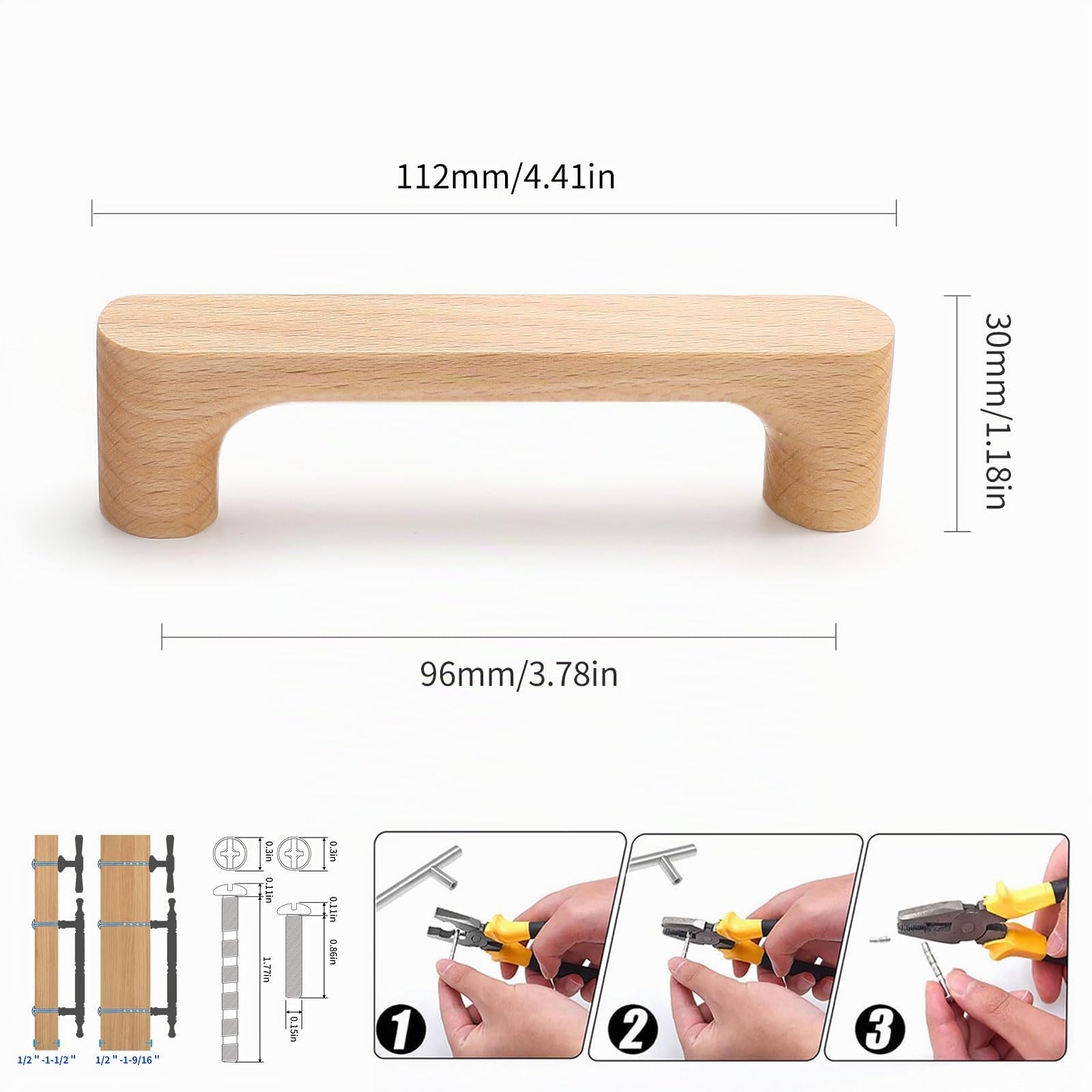 Lot de 8 poignées rondes en bois de hêtre de 9,6 cm pour tiroirs et portes de cuisine