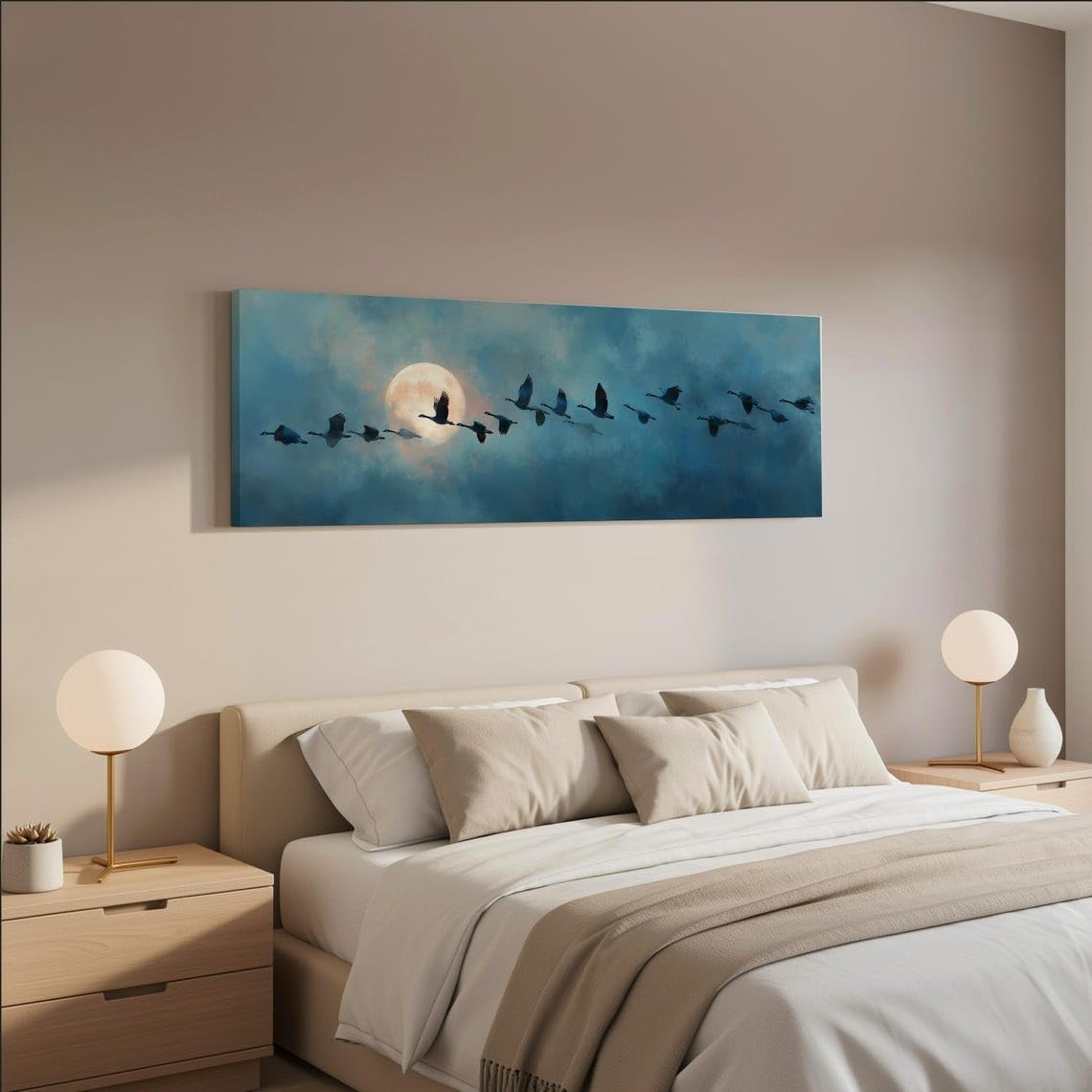 XBTYKPB Flying Geese and Moon Canvas Wall Art, Wide Panoramic Canvas,Blue Night Sky Long Horizontal Framed Print Coastal Scenery(35x105cm/Frameless)