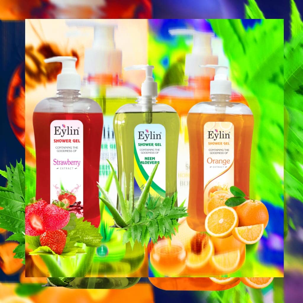 EYLIN SHOWER GELS COMBO 3 EXTRACTS : STRAWBERRY, NEEM ALOE VERA & ORANGE: TOTAL 3 LITRES