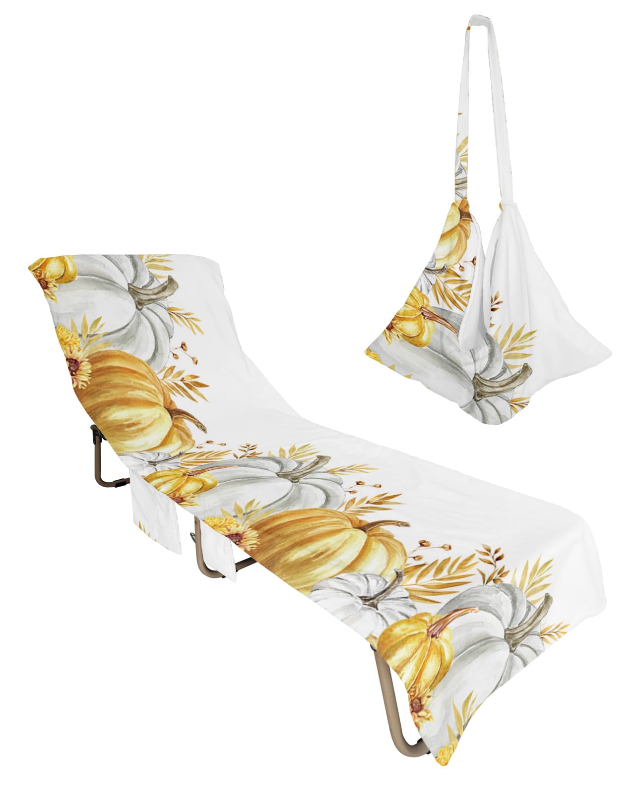 Gold Pumpkins Beach Chair Towel Covers for Chaise Lounge with Side Pocket, Soft Plush Pool Towels Cover for Patio Sunbathing Outdoor 29''x85'' Harvest Fall Thanksgiving Eucalyptus Sunflower