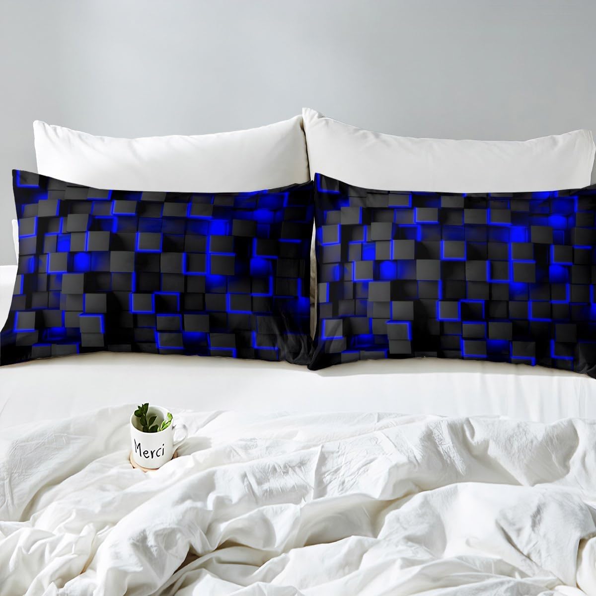 Feelyou Blue and Black Bedding Set Full Size Light Geometric Comforter Set for Kids Boys Girls Decor Comforter Modern Style Duvet Set - Image 6