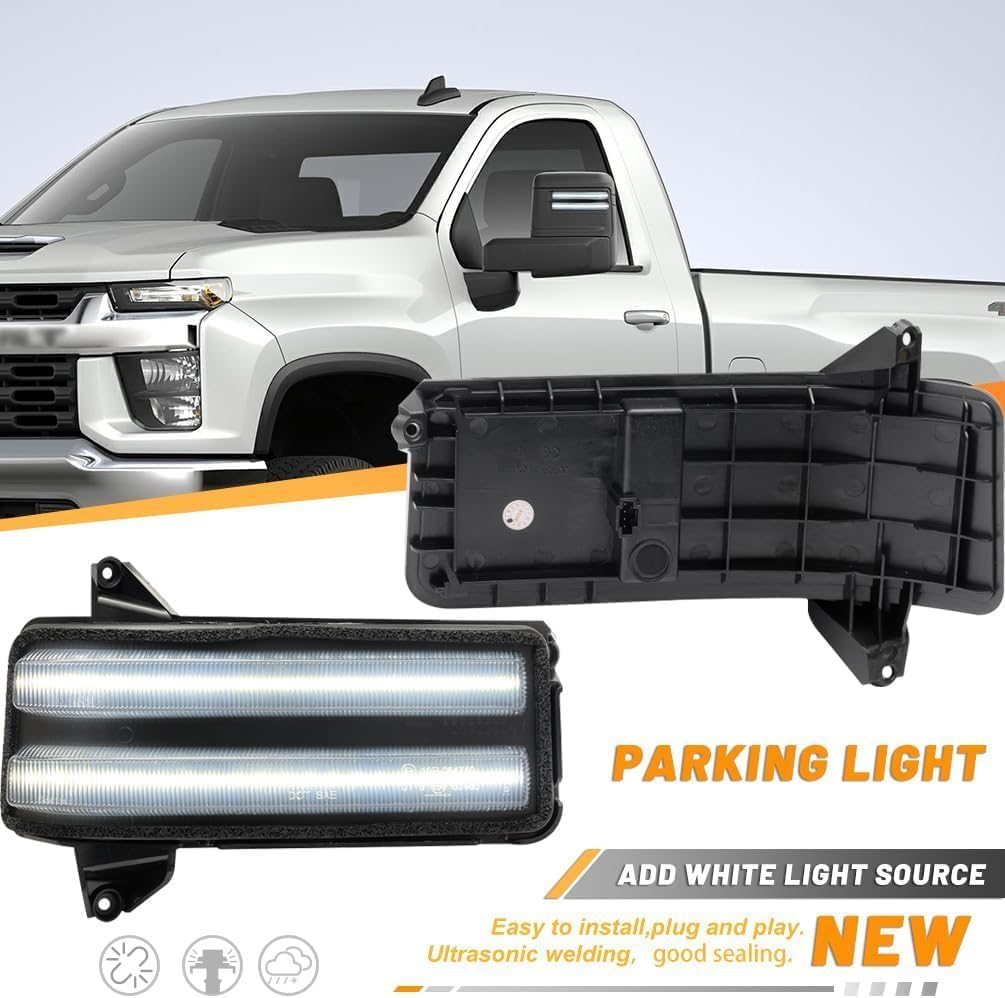 NJSBYL Amber LED Side Mirror Turn Signal Light Kits for 2020-2025 GMC Sierra 2500HD 3500HD & Chevy Silverado 2500HD 3500HD Smoked Lens Switchback White Marker Driving Parking Lights Towing Lighting