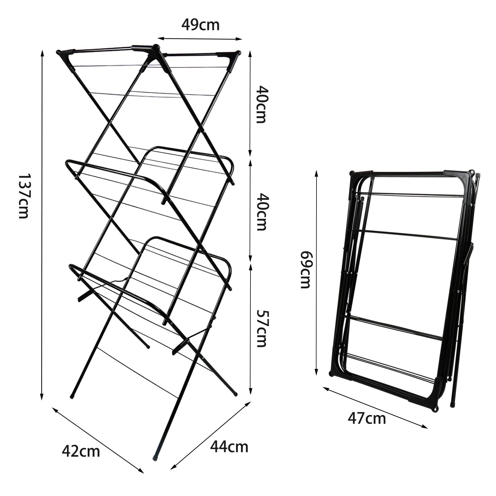 LANTUS Etendoir Interieur Pliable - Sechoir a Linge Extensible, Robuste & Peu encombrant, Tour à Linge Pliable et Extensible, seche Linge Durable,48 * 43 * 137cm (Noir)