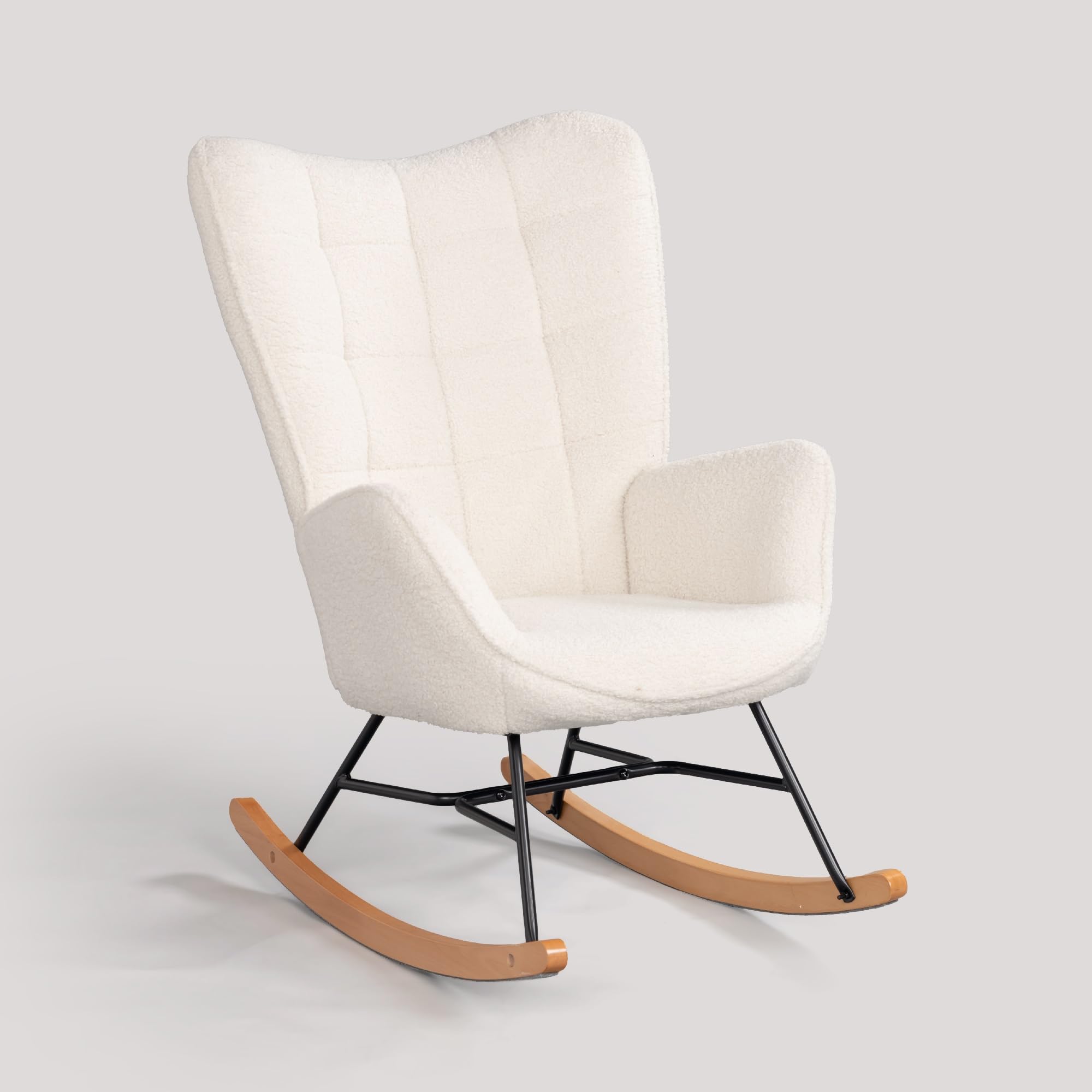 Meuble Cosy Fauteuil à Bascule Scandinave Rocking Chair Allaitement Chaise Loisir Revêtement en Bouclette avec Pieds en Bois Massif pour Salon, Chambre, Le Balcon, Beige