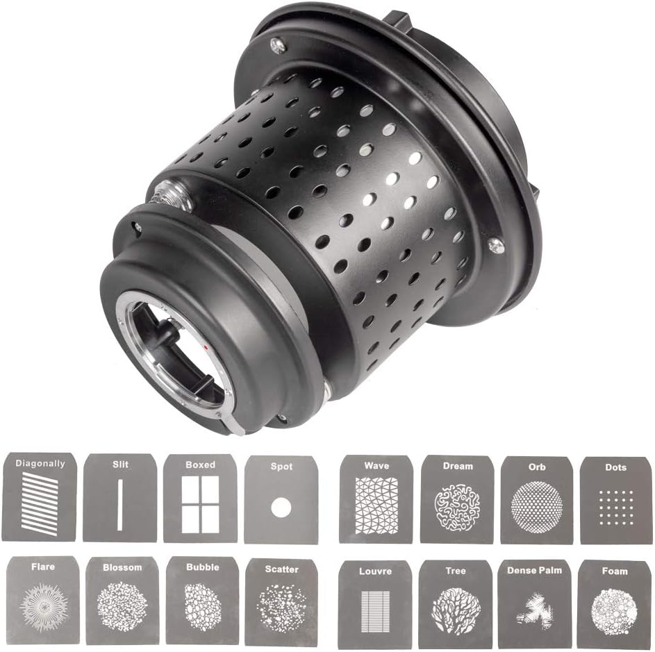 Pixapro Bowens S-Type EF Optical Snoot Spot Projector Gobo Projection Conical Snoot Photography Light Control Cylinder Fresnel Lens for Studio Photo Flash Strobe LED Video Light (With Gobos Kit)