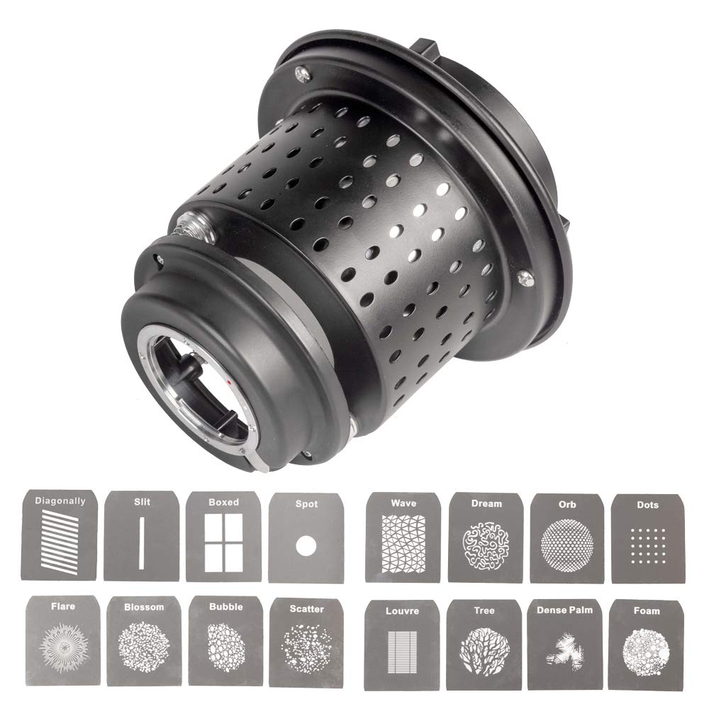 Pixapro Bowens S-Type EF Optical Snoot Spot Projector Gobo Projection Conical Snoot Photography Light Control Cylinder Fresnel Lens for Studio Photo Flash Strobe LED Video Light (With Gobos Kit)