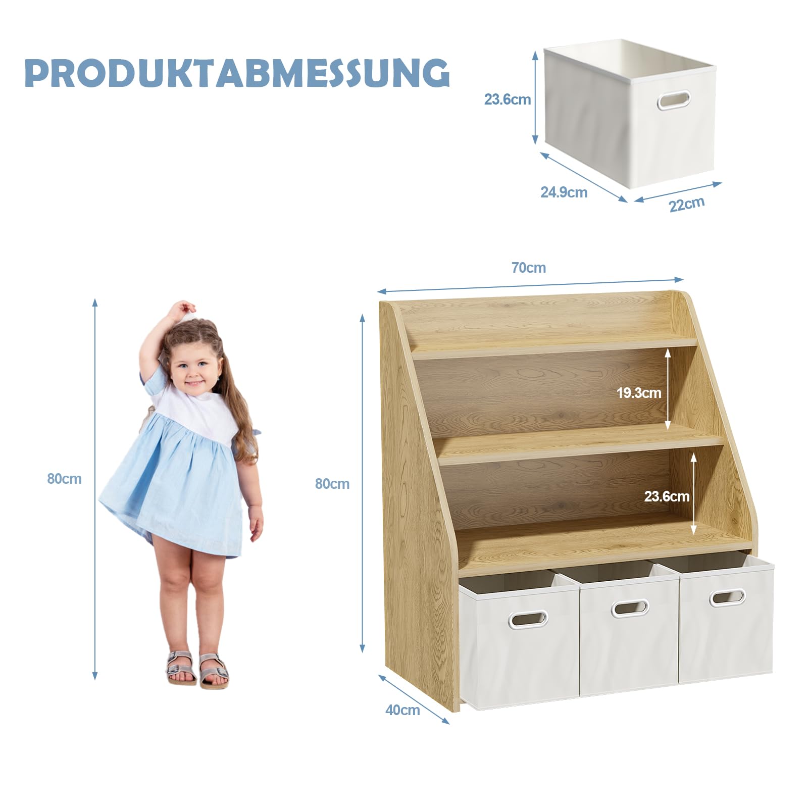 EFURDEN Kinder Bücherregal mit 3 herausnehmbaren Schubladen | Vielseitiges Holz-Regal zur Spielzeug- und Bücheraufbewahrung für Kinderzimmer & Spielzimmer