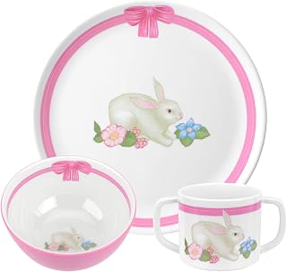 Portmeirion Botanic Garden Terrace 3-Piece Dinner Set - Bunny Motif with Pink Accents, BPA-Free Melamine Plate, Bowl, Mug - Shatterproof & Dishwasher Safe, Kids' Play Kitchen Accessories