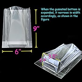 PigPotParty Cellophane Treat Bags 6x9, 50 Pack Clear Goodie Bags, Bottom Gusset for Stand-Up Display, Small Plastic Gift Wrap for Cookies, Candy, Party Favors, Popcorn, Includes 50 Gold Ties