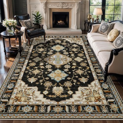 Tangsoo Black 5x7 Washable Area Rugs for Living Room, Oriental Non Slip Rug