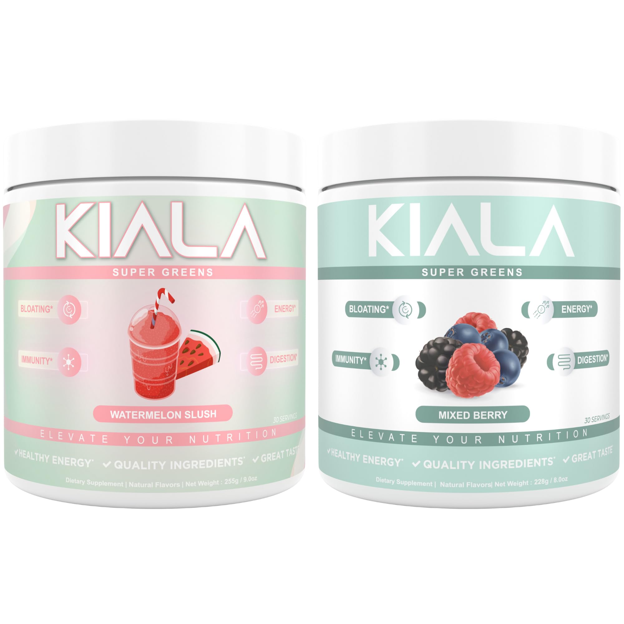 Kiala Nutrition Super Greens, Organic Greens Powder with Spirulina & Chlorella for Digestion, Gut Health, Immunity & Energy, Gluten Free, Vegan, Watermelon Slush + Mixed Berry, 30 Servings Each