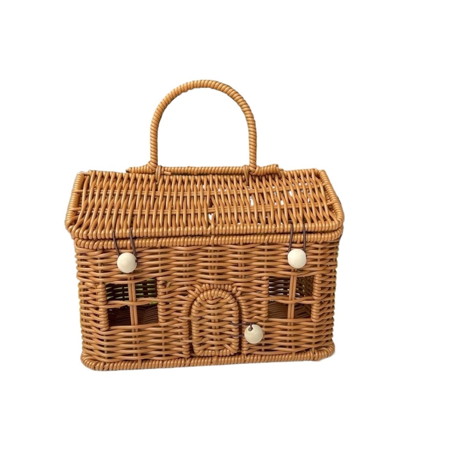 House Shaped Basket House Shaped Rattan Picnic Basket Vintage Imitation Handheld Box with Handle Clutter Organizer Outdoor Use(Brown)