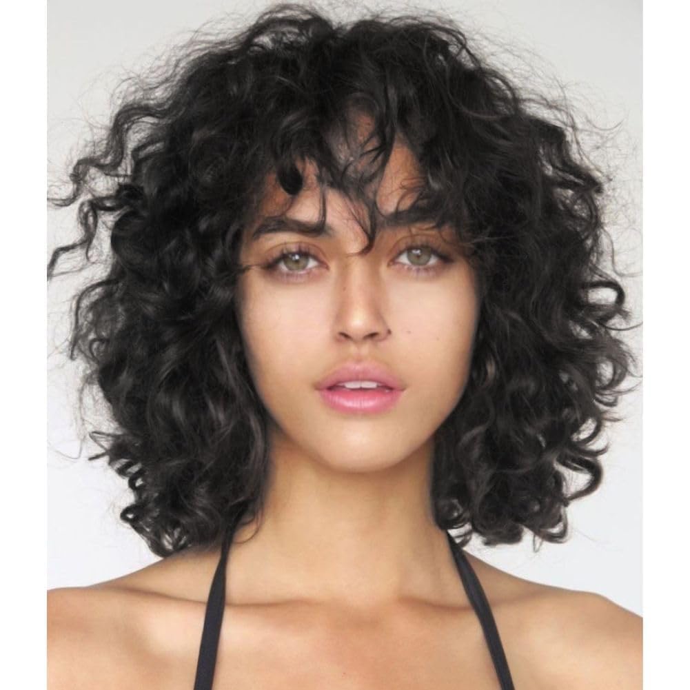 Siudus Black Short Curly Wigs for Women Bob Wig with Bangs Shoulder Length Synthetic Fibre Hair Wig for Daliy Party Cosplay Use