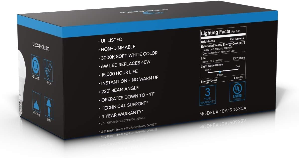 GREAT EAGLE LIGHTING CORPORATION A19 LED Light Bulb, 6W (40W Equivalent), UL Listed, 3000K (Soft White), 450 Lumens, Non-dimmable, Standard Replacement (10 Pack)