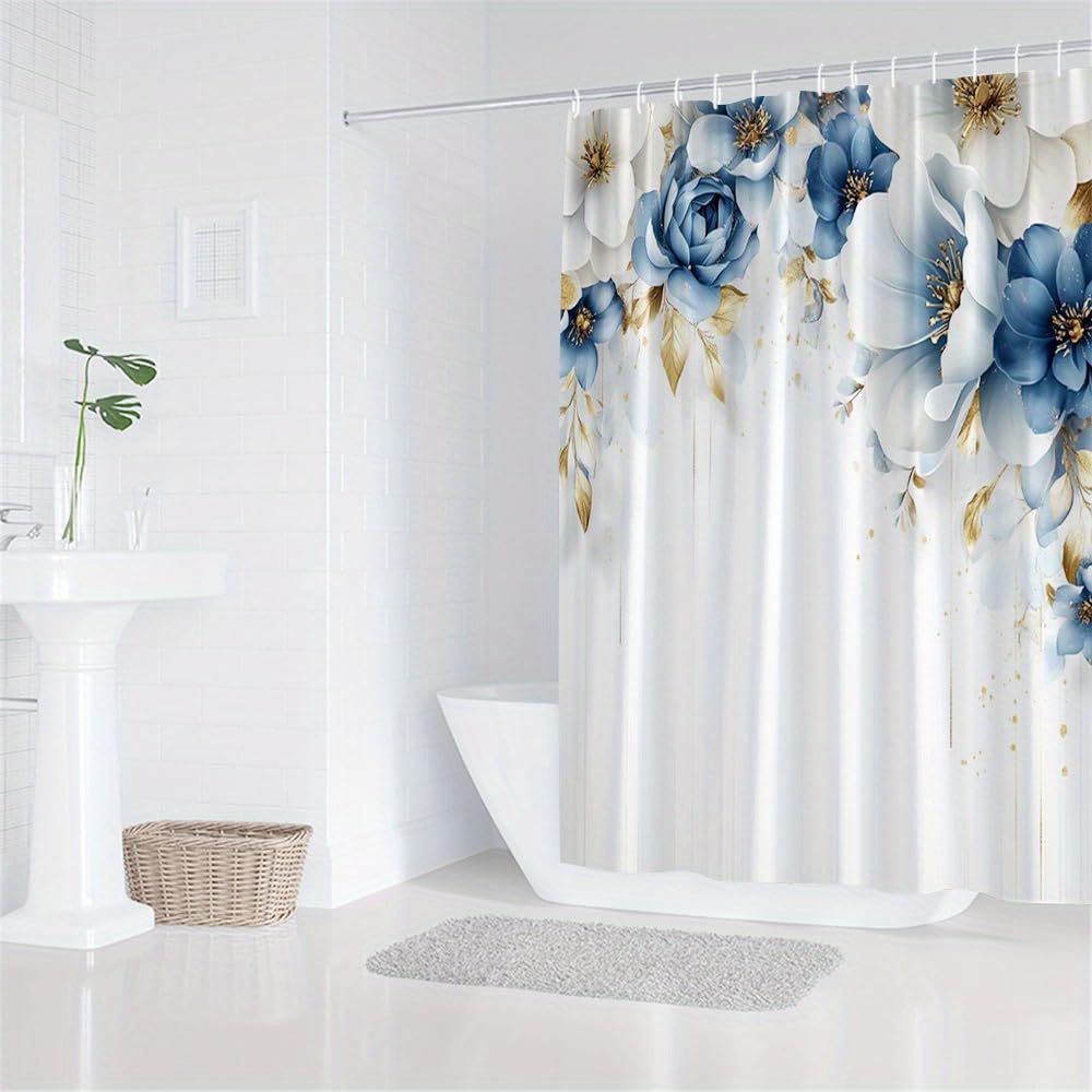1 pezzo 180x220CM Fantasia floreale blu e bianca Tenda da doccia con gancio, in poliestere, per finestre e pareti, vasca da bagno, bagno, lavabile in lavatrice, universale per tutte le stagioni.