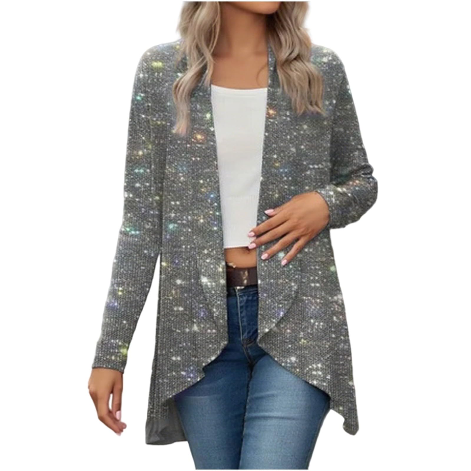 Womens Sequin Cardigan Long Sleeve Open Front Dressy Sparkly Tops Prom Party Fashion Glitter Cardigans