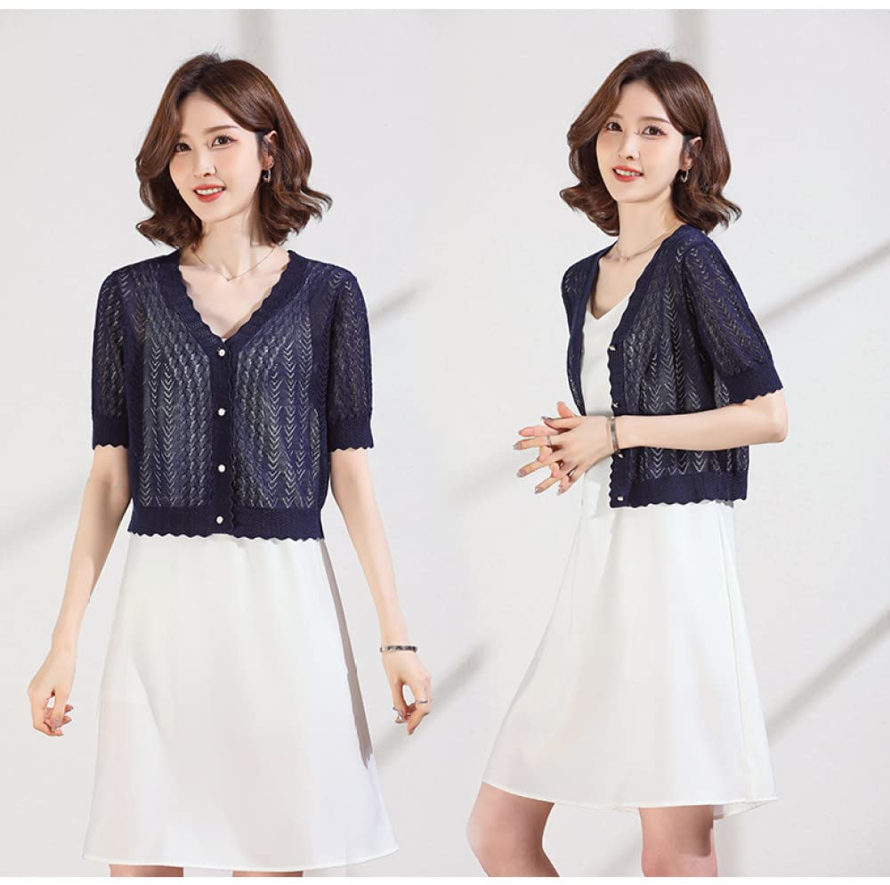 Dünne Strickjacke, Damen-Seiden-Bolero Fischgrätenmuster-Strick-Kurzarmbluse Kurze Ärmelbluse Sommer-Häkel-Cardigans Sexy Damen-Mesh-Oberteile Elegant Leichte Jacke Zum Überziehen Für Elegante
