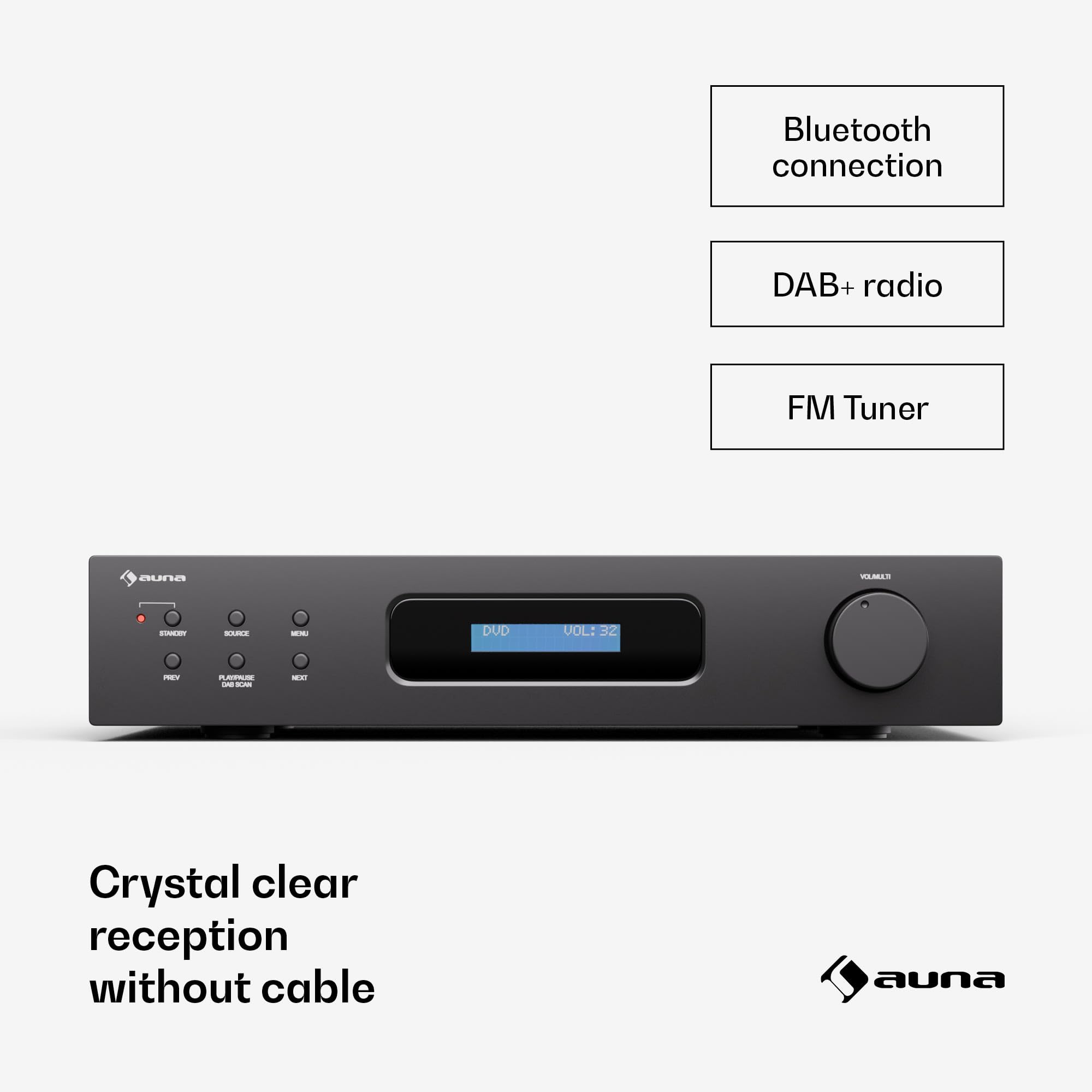 Auna HiFi Stereo-Verstärker 2x60W mit Bluetooth, Fernbedienung, DAB+ Radio, CD/DVD-Player-Eingang - Hochwertiger Audioverstärker für CD-Player, Plattenspieler & Radio