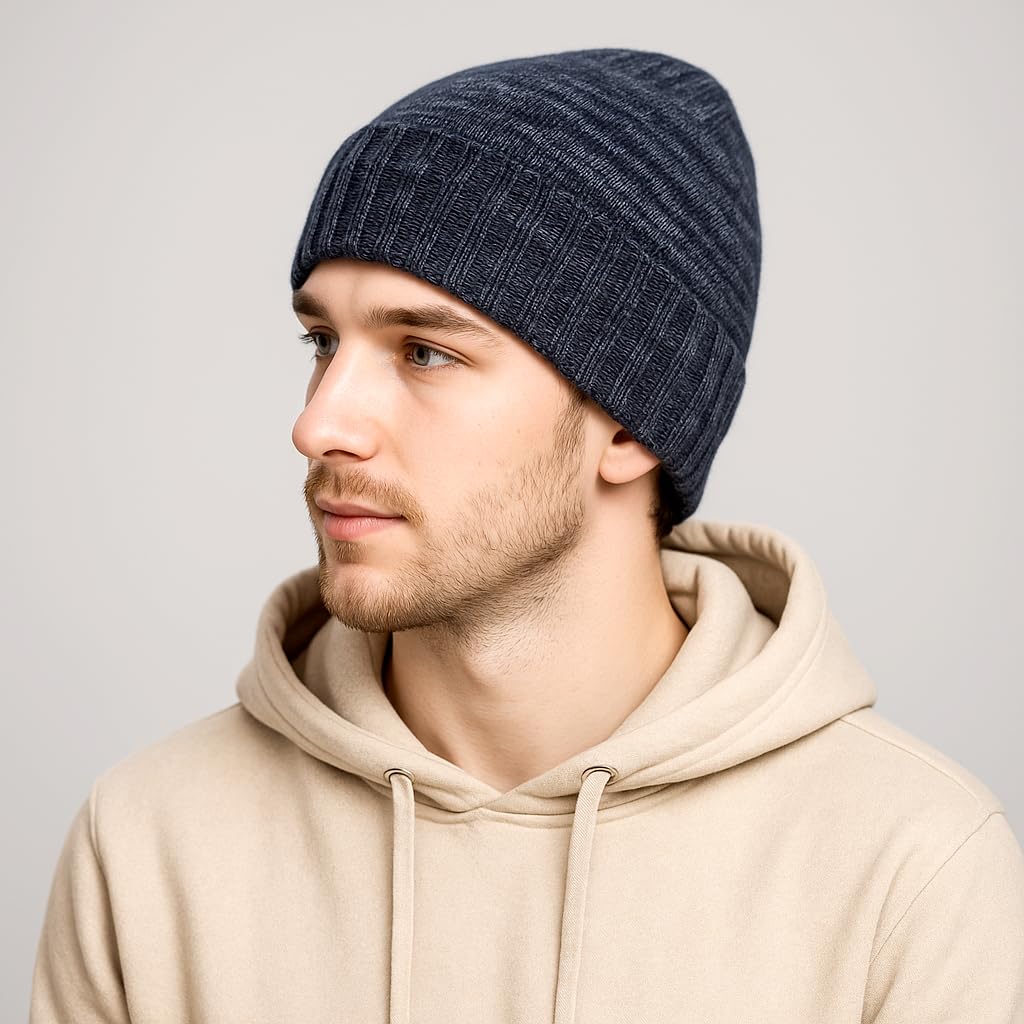 CLASSE77 – Gorro de lana (70%) mezcla de cachemira (30%) con solapas acanaladas – Unisex – 100% Made in Italy – Artesanal, Azul y gris jaspeado, Talla única