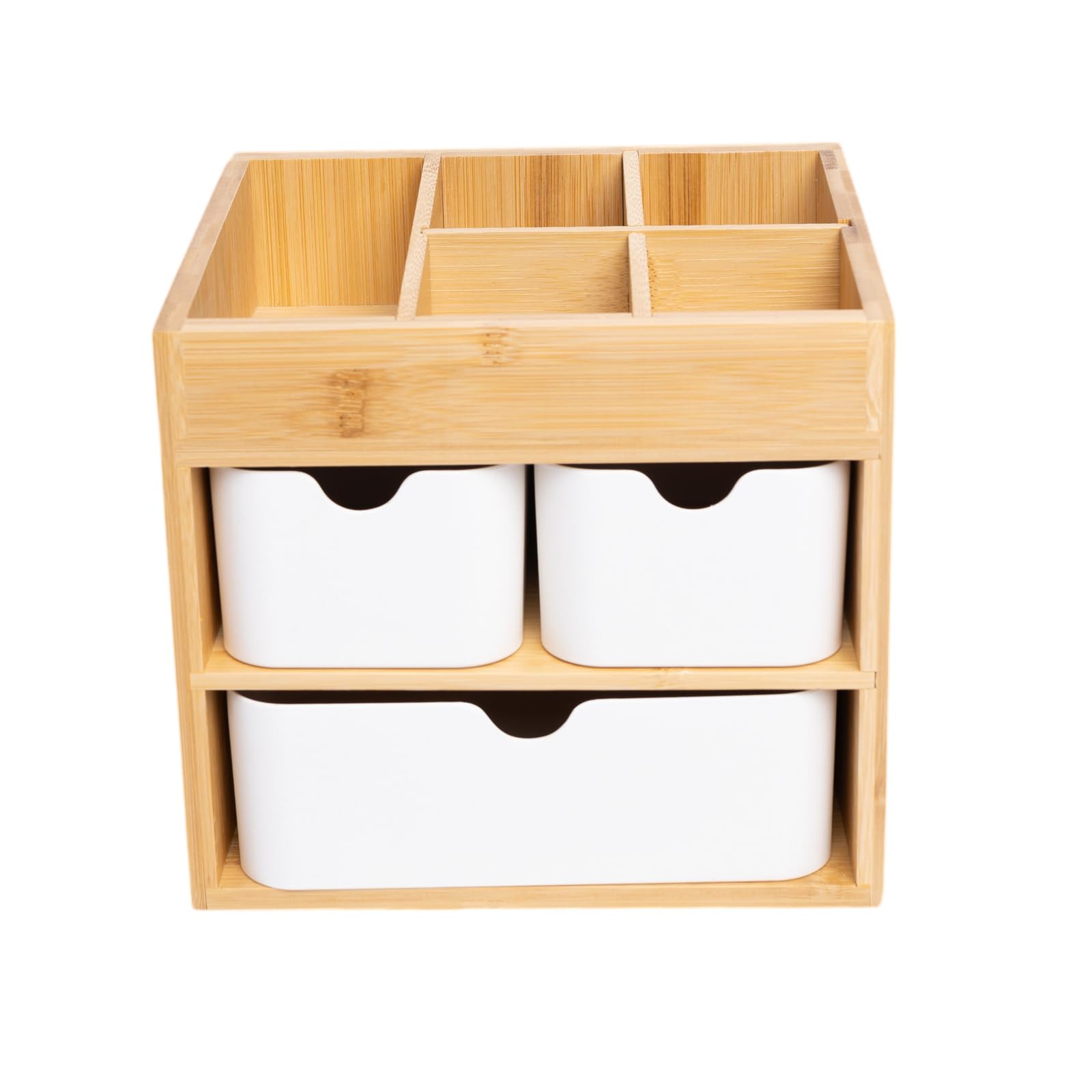 Bambus-Make-up-Organizer mit 3 Schubladen, Kommode, Kosmetik-Organizer, Bambus-Schreibtisch-Organizer für Zuhause mit verstellbaren Trennwänden