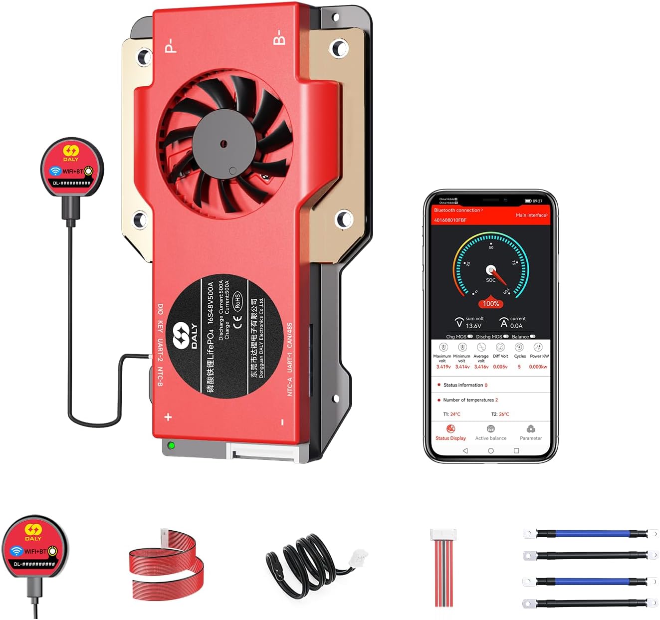 DALY Smart BMS 4S-16S 40A-500A with WiFi Module and CAN 485 Communication Protection Board for LifePO4 Lithium Battery Pack (Smart BMS 16S 48V，500A)