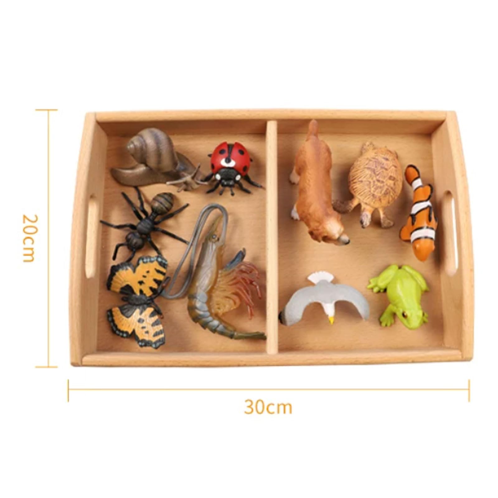 Zestaw Zabawek do Klasyfikacji Zwierząt Montessori, Realistyczne Miniaturowe Figurki Zwierząt z Drewnianą Tacą do Sortowania (10 szt.)