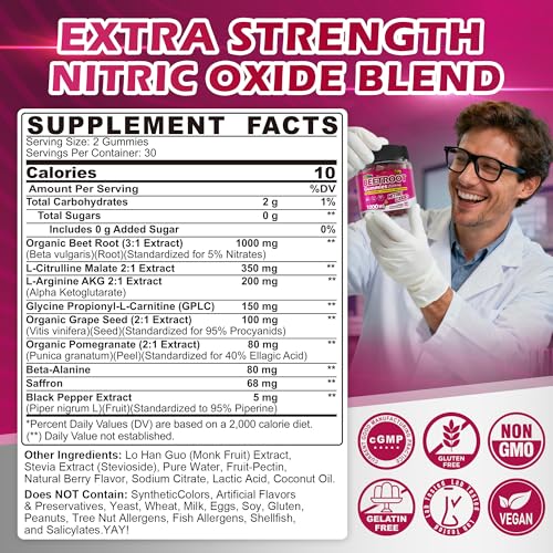 Image of Organic Beet Root Gummies with L-Citrulline & L-Arginine, Nitric Oxide Supplements for Men and Women, Grape Seed, Pomegranate, Saffron for Circulation, Vascular & Vitality, Vegan, Sugar Free, 120 Cts