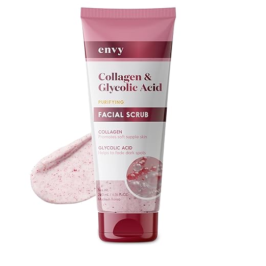 Envy Collagen & Glycolic Acid Face Scrub - Anti-Aging, Softening & Dark Spot Improving Exfoliating Scrub - Dermatologist Tested, Clean Beauty for All Skin Types - 6.76 Oz