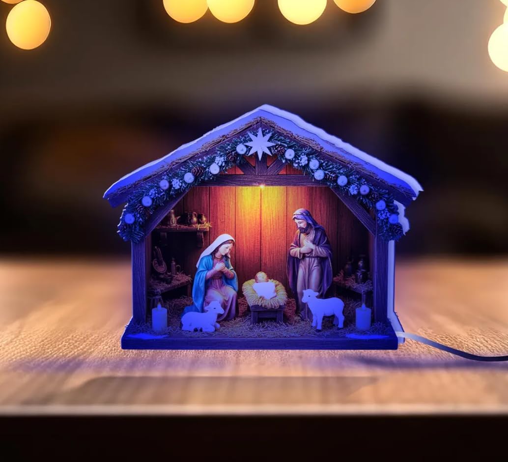 LED Nativity Scene Wooden Light Box, Illuminated Holy Family Christmas Décor, Acrylic Layered Night Light for Holiday Home Displays (Yellow LED)