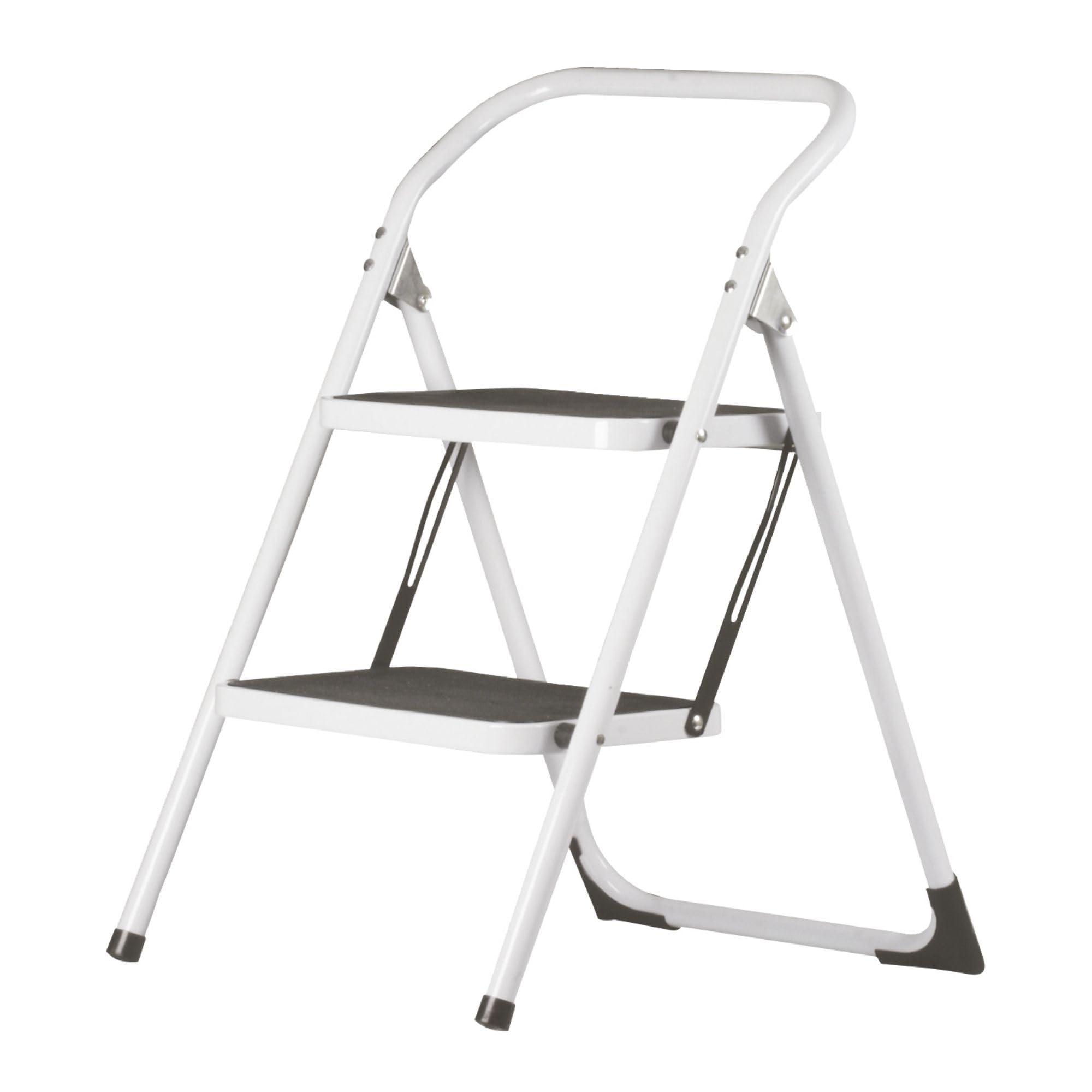 Amig - Escalera Plegable - Taburete de Acero con 2 Peldaños Antideslizantes – Medidas: 77 x 59 x 48 cm - Peso Máx 150 kg - Acabado Blanco con Protectores Negros – para Uso Profesional y Doméstico