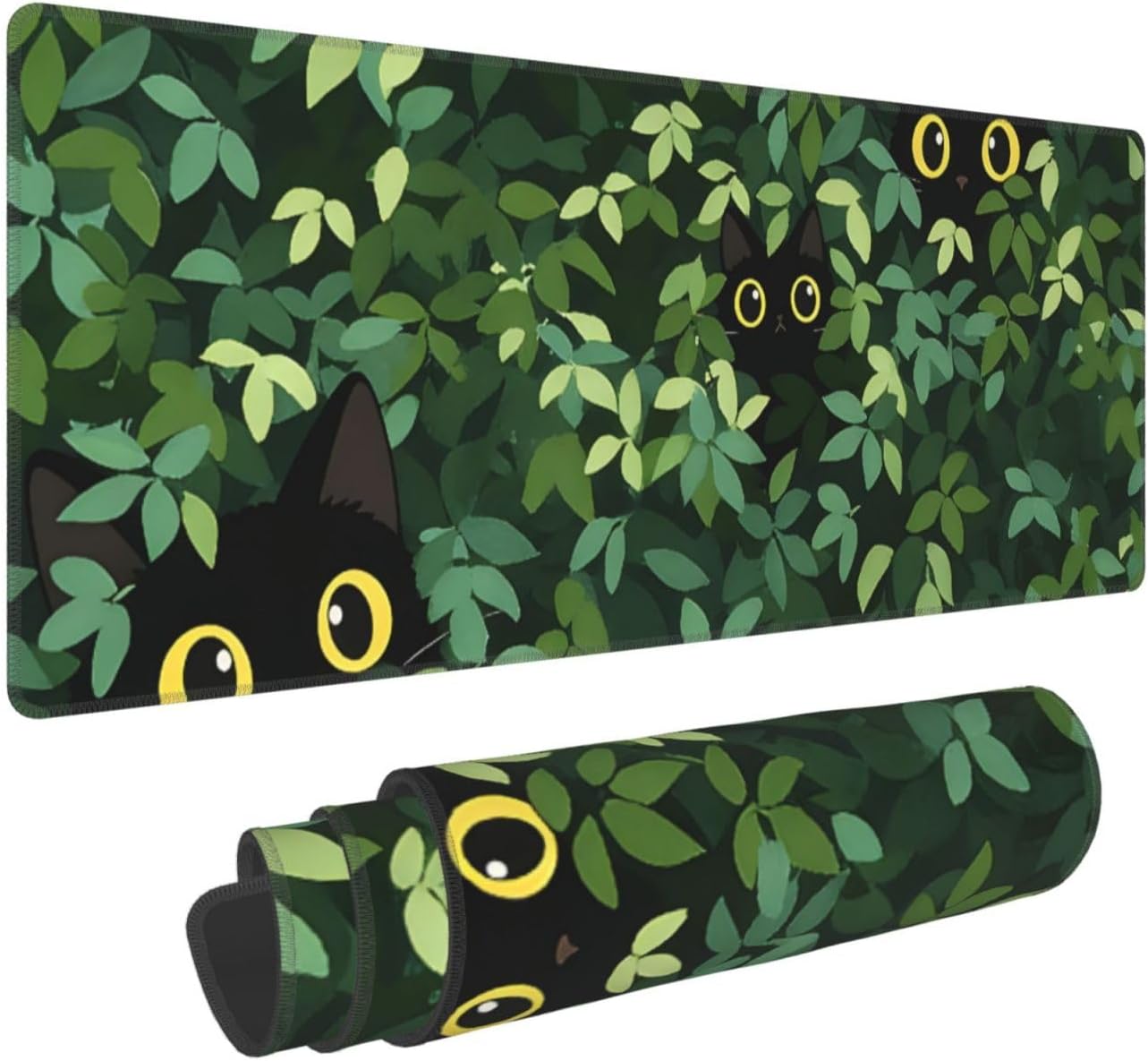 Balck Cat Green Plant Large Gaming Mouse Pad, Long Extended Full Floral Mouse Mat Desk Pad for Top Keyboard Table, Aesthetic Cute Big Stitched XL Mousepad Gifts for Women Office Decor, 31.5 * 11.8 in