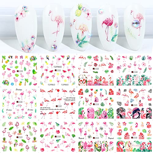 12 Sheets Flamingo Nail Art Stickers Water Transfer Nail Decals Flowers Leaves Design Nail Stickers Summer Nail Decorations Nail Art Charm Diy Nail Supplies For Women Girls #TOP6