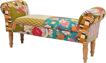 Bohemia Bench with Arms,Cotton Linen Upholstered End of Bed Bench Seat,Solid Wood Boho Footrest Settee Multifunction Sofa Benchs-A 103x35x43cm41x14x17inch