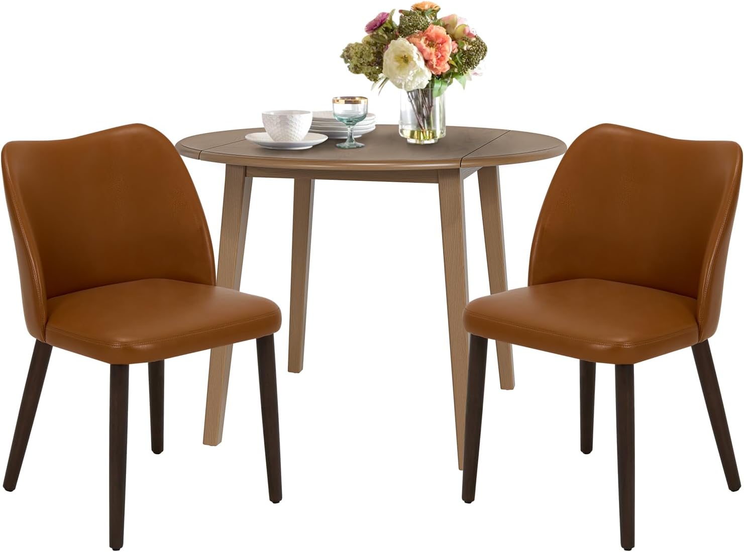 COLAMY 3-Piece Extendable Dining Table Set for 2, 36" Kitchen Round Wood Table with 2 Wooden Dining Room Chairs,Light Brown/Light Brown