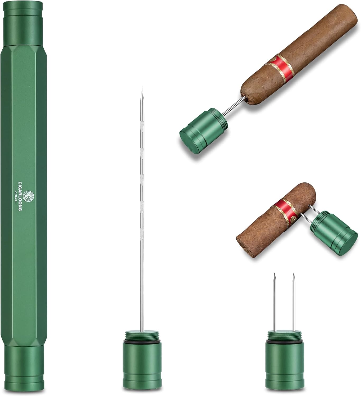 Cigar Draw Enhancer Tool, Cigar Poker & Cigar Nubber 2-in-1 Hidden Stainless Steel Twin Needle, Portable Cigar Accessories for Punch (Green)