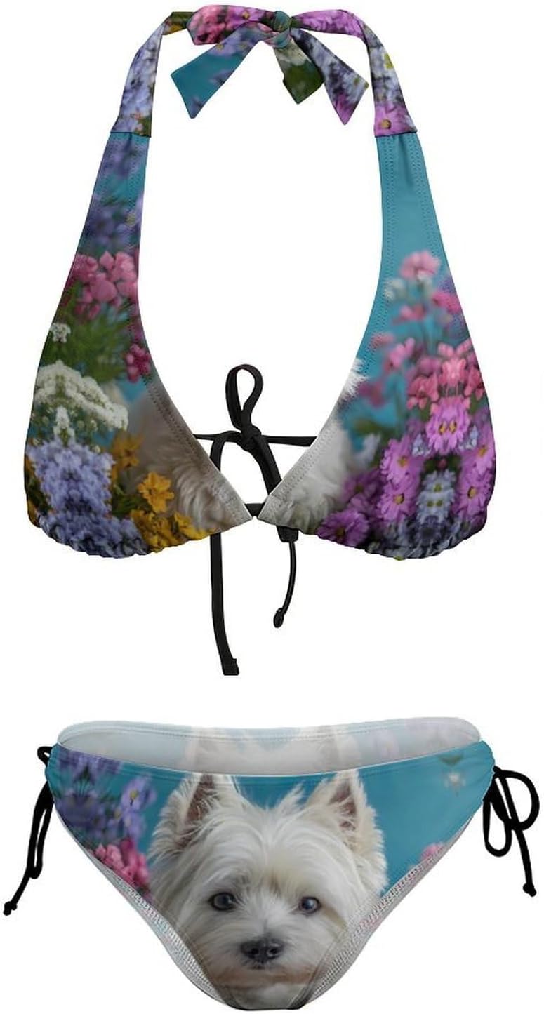 West Highland Terrier in Flowers Novelty Women's 2 Piece String Bikini Set Swimsuits Bathing Suit Swimwear