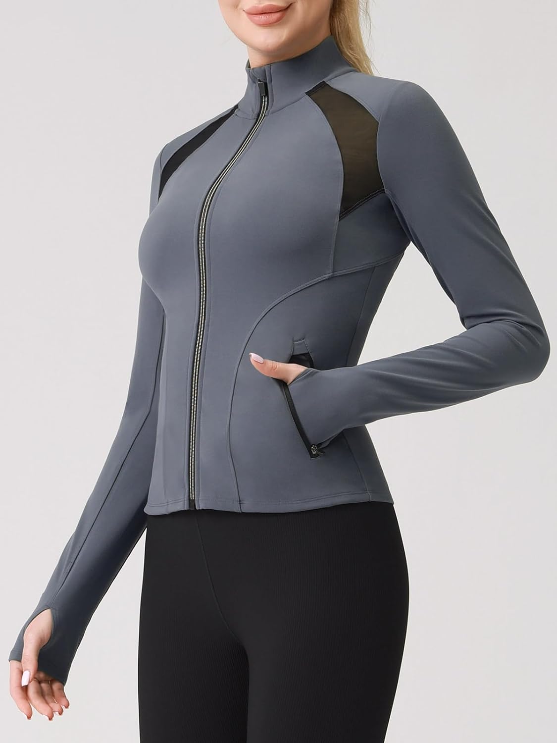 AARYA Women's Fitted Workout Jackets Zip Up Running Jacket Athletic Yoga Tops with Zippered Pockets Thumbholes Gym Wear