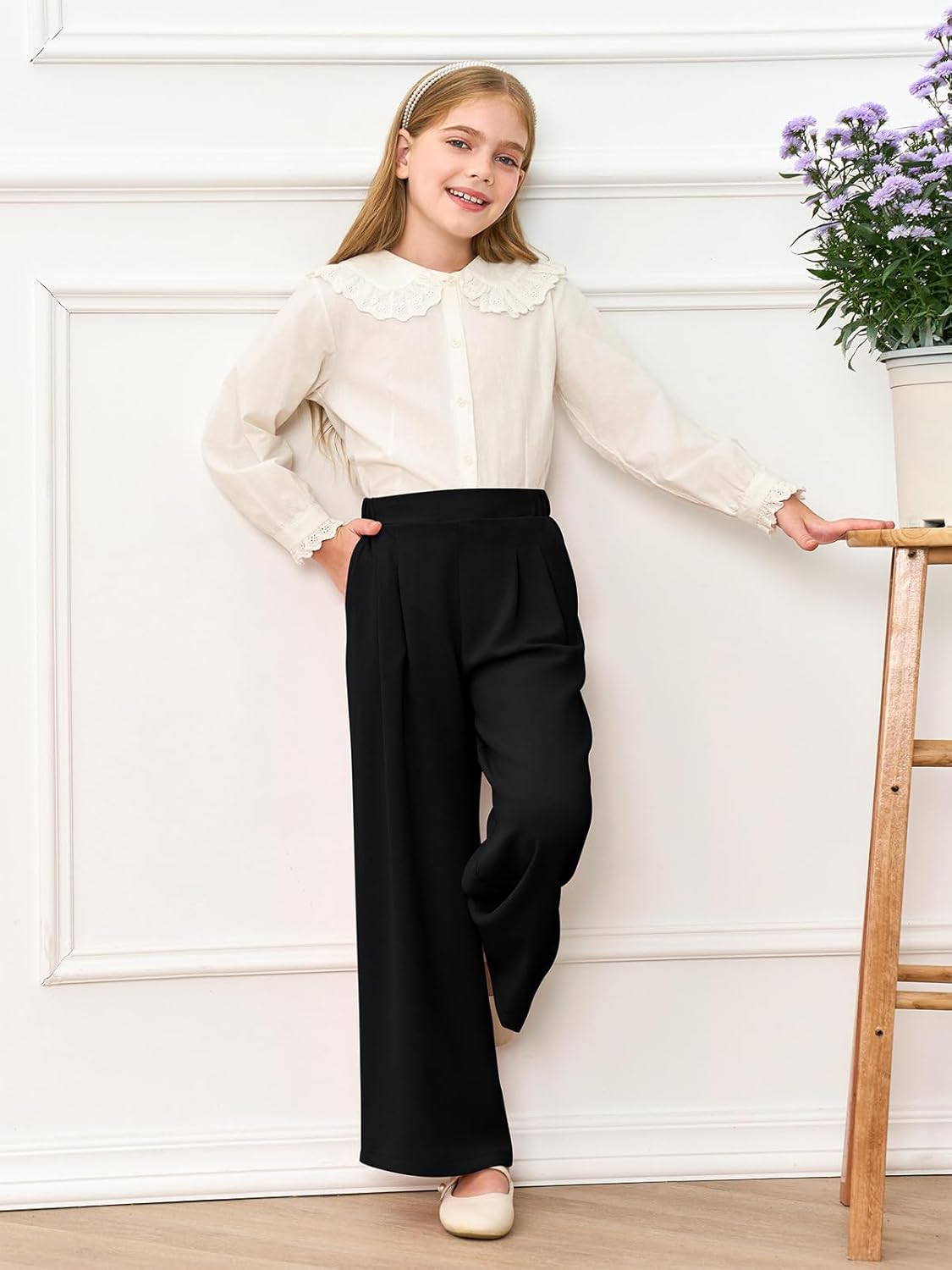 Haloumoning Girls High Waisted Uniform Pants Kids Wide Leg Dress Pants Casual Trousers with Pockets 5-14 Years - Image 6